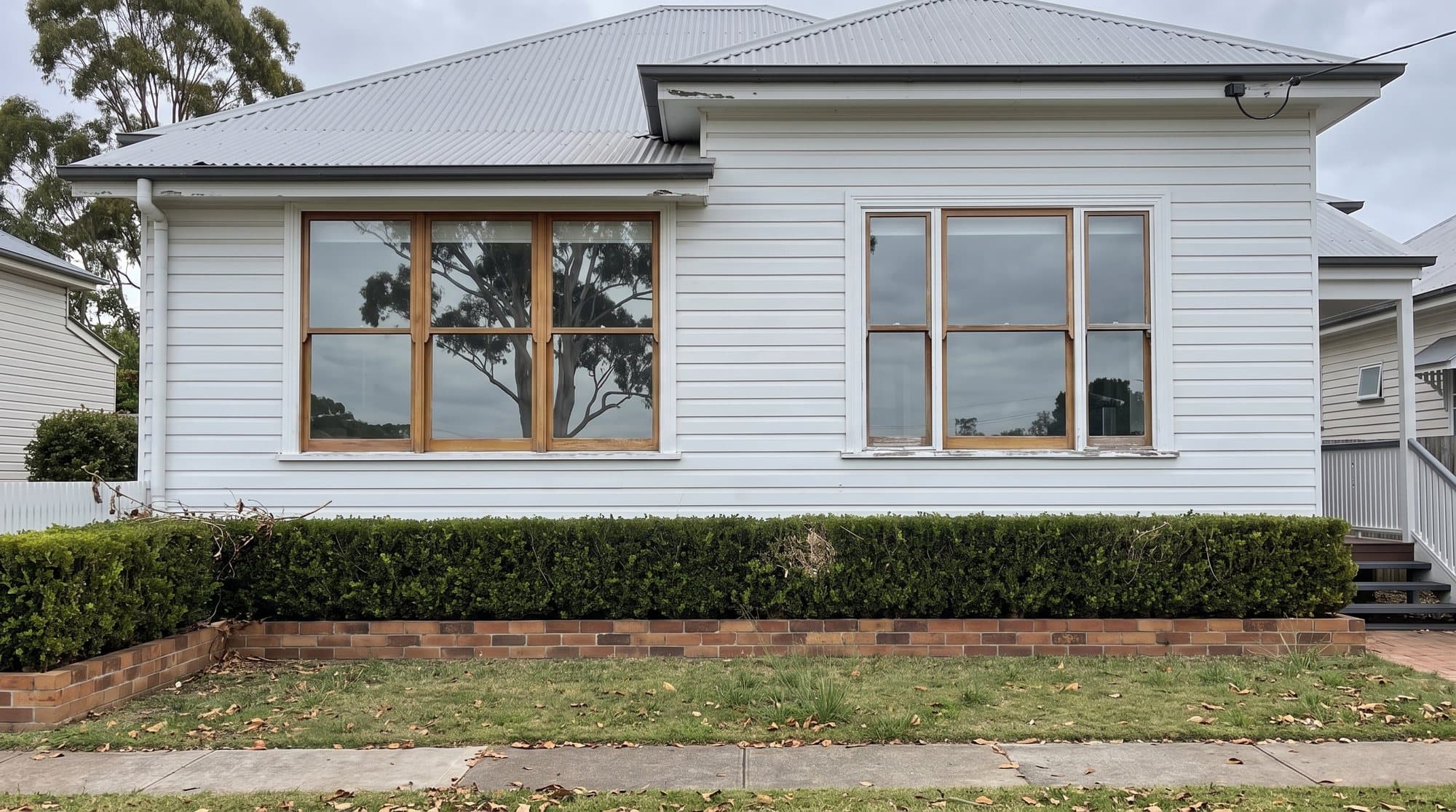 The same house front after a Squeegee Bros clean, the gum tree reflecting in the glass
