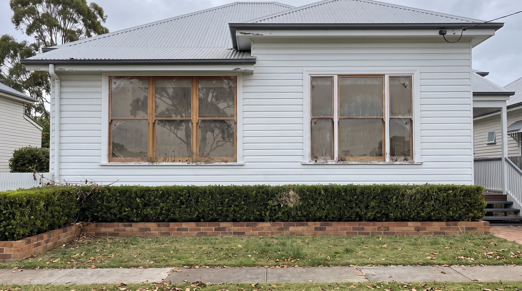 A Brisbane house front with hazy, streaked windows before a clean